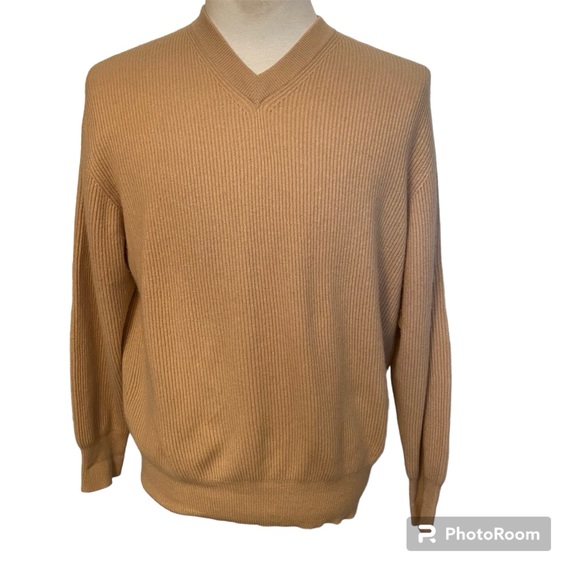 ALLEN SOLLY SWEATER V-NECK TAN CASHMERE RIBBED SIZE M - Picture 1 of 8
